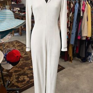 Cream Ribbed Long-Sleeve Zip-Front Jumpsuit